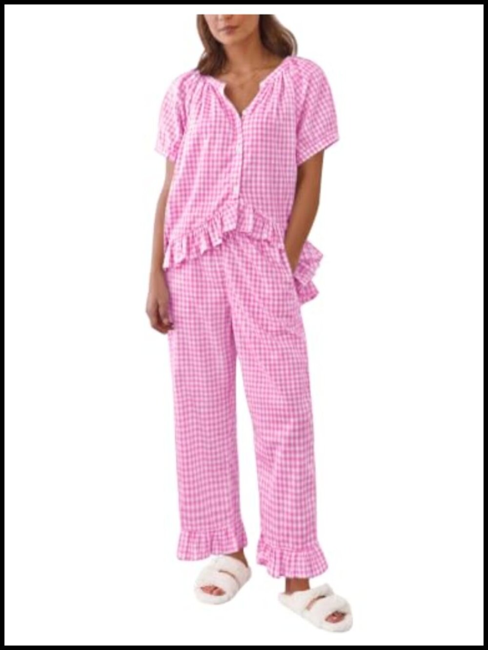SWOMOG 100% Cotton 2 Piece Pajama Set Puff Sleeve Ruffle Lounge